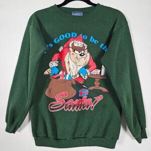 Vintage 90s Signet Taz Santa Christmas Mens Large Long Sleeve Green Sweatshirt